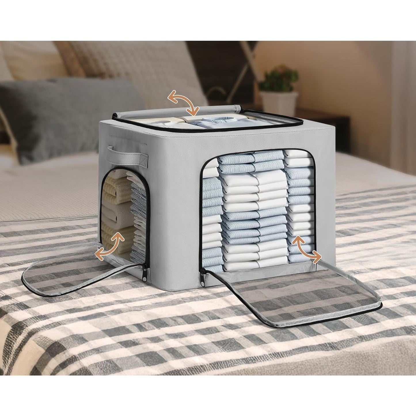 Cutie de Depozitare, Klevo, cu 3 Ferestre cu Fermoar Bidirectional, Cadru din Otel, Impermeabil, 38L, 42 x 30 x 30 cm, Gri