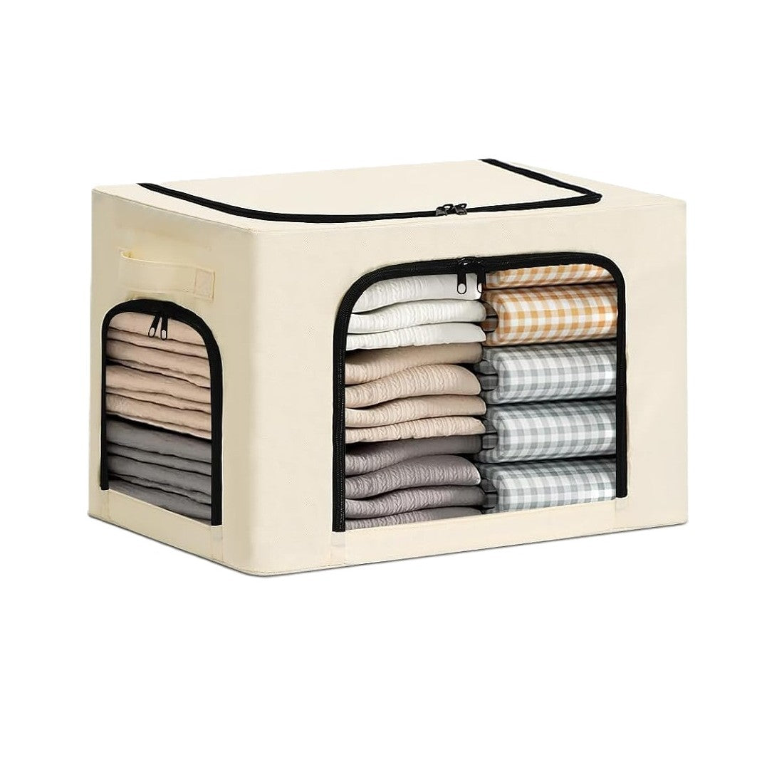 Cutie de Depozitare, Klevo, cu 3 Ferestre cu Fermoar Bidirectional, Cadru din Otel, Impermeabil, 38L, 42 x 30 x 30 cm, Bej