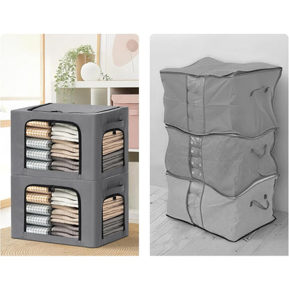 Cutie de Depozitare, Klevo, cu 3 Ferestre cu Fermoar Bidirectional, Cadru din Otel, Impermeabil, 38L, 42 x 30 x 30 cm, Gri Inchis