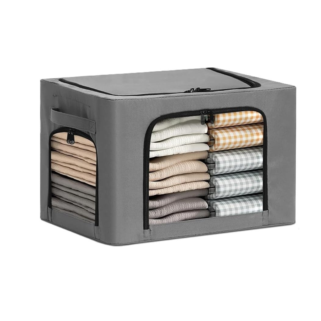 Cutie de Depozitare, Klevo, cu 3 Ferestre cu Fermoar Bidirectional, Cadru din Otel, Impermeabil, 38L, 42 x 30 x 30 cm, Gri Inchis