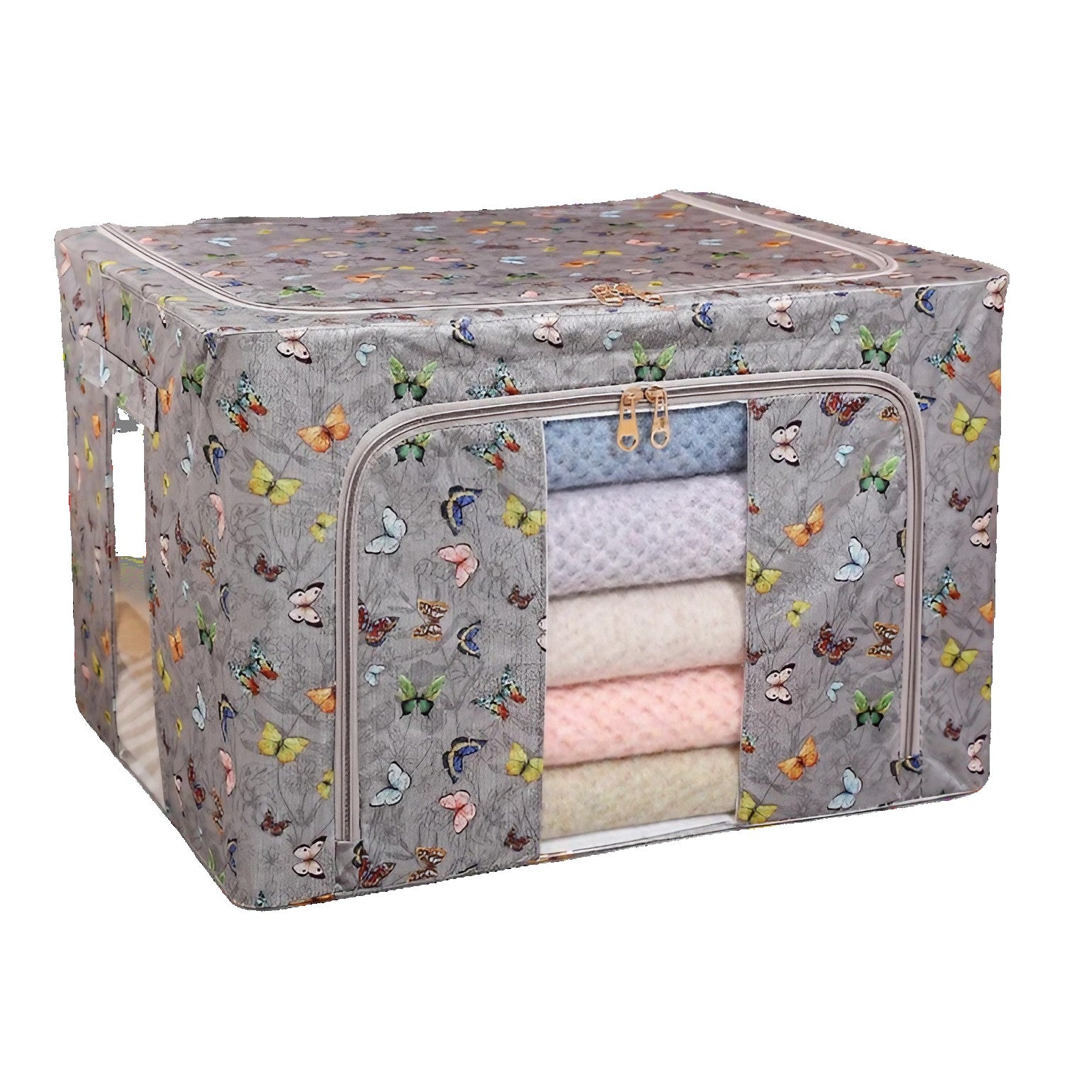 Cutie Depozitare, Klevo, 66L, din Material Textil, 50 x 40 x 33 cm, pentru Haine si Lenjerii, Model Fluturasi, Gri Inchis