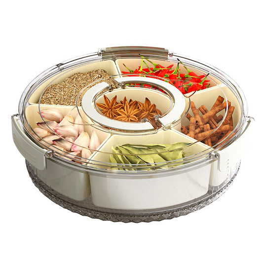 Cutie de Depozitare pentru Alimente, Klevo, cu 6 Compartimente, pentru Condimente, Fructe, Legume, cu Manere de Prindere, Rotativa 360 de Grade, Inchidere Ermetica, 32x10 cm, Alba