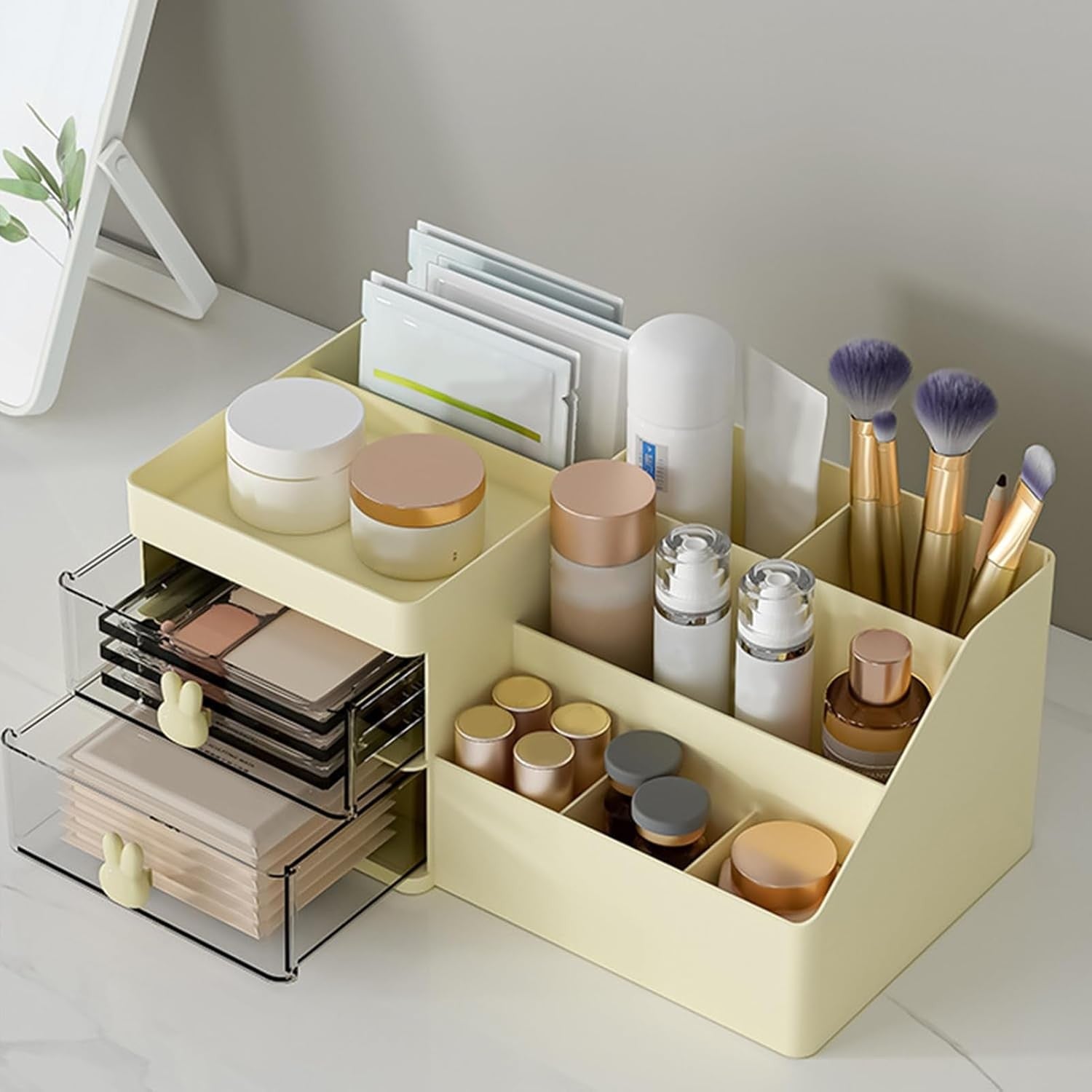 Cutie de Depozitare pentru Birou, Klevo, Pentru Makeup, Papetarie, Organizator Cosmetice, 2 Sertare si Compartimente Multiple, Model Iepuras, Plastic, 27.5x15.5x12 cm, Crem