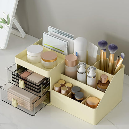 Cutie de Depozitare pentru Birou, Klevo, Pentru Makeup, Papetarie, Organizator Cosmetice, 2 Sertare si Compartimente Multiple, Model Iepuras, Plastic, 27.5x15.5x12 cm, Crem