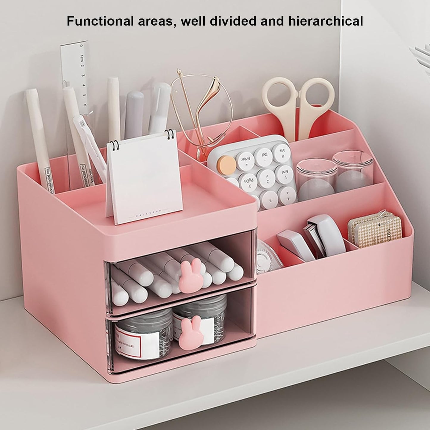 Cutie de Depozitare pentru Birou, Klevo, Pentru Makeup, Papetarie, Organizator Cosmetice, 2 Sertare si Compartimente Multiple, Model Iepuras, Plastic, 27.5x15.5x12 cm, Roz