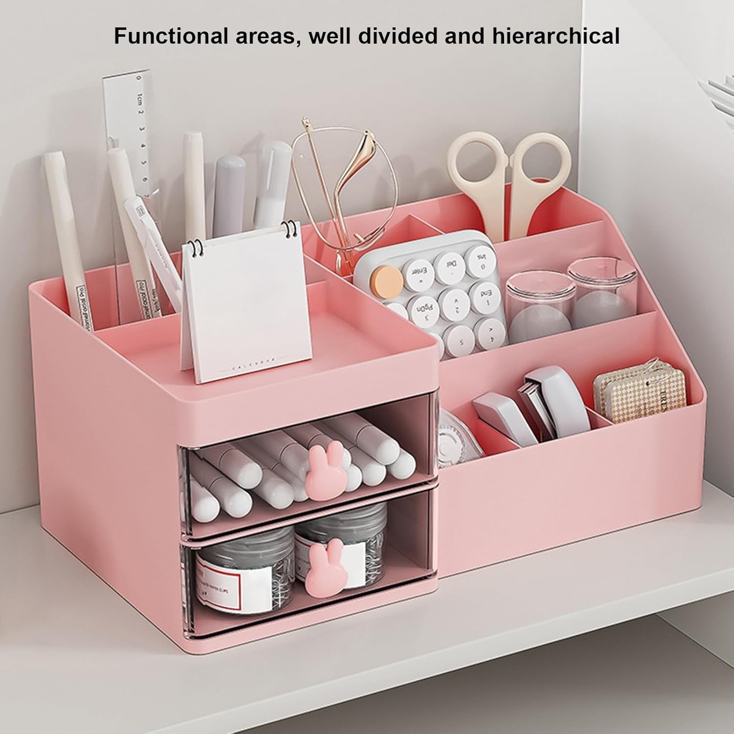 Cutie de Depozitare pentru Birou, Klevo, Pentru Makeup, Papetarie, Organizator Cosmetice, 2 Sertare si Compartimente Multiple, Model Iepuras, Plastic, 27.5x15.5x12 cm, Roz