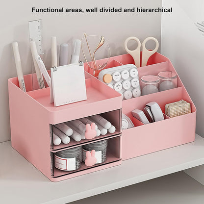 Cutie de Depozitare pentru Birou, Klevo, Pentru Makeup, Papetarie, Organizator Cosmetice, 2 Sertare si Compartimente Multiple, Model Iepuras, Plastic, 27.5x15.5x12 cm, Roz
