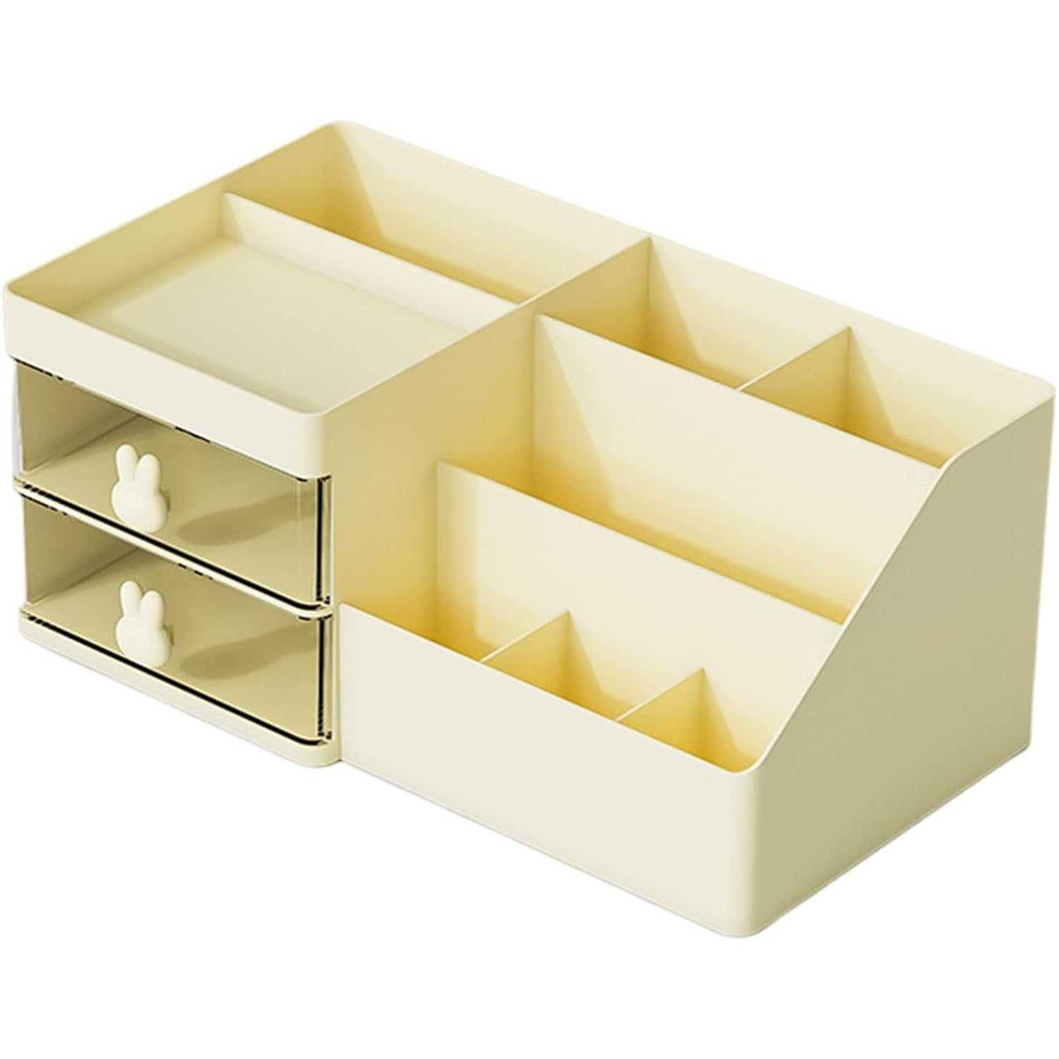 Cutie de Depozitare pentru Birou, Klevo, Pentru Makeup, Papetarie, Organizator Cosmetice, 2 Sertare si Compartimente Multiple, Model Iepuras, Plastic, 27.5x15.5x12 cm, Crem