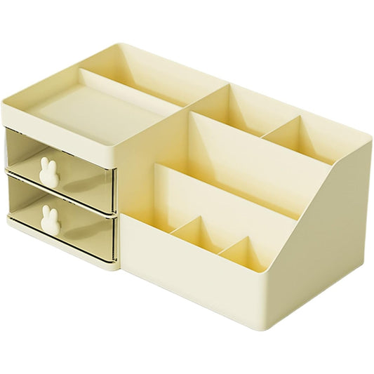 Cutie de Depozitare pentru Birou, Klevo, Pentru Makeup, Papetarie, Organizator Cosmetice, 2 Sertare si Compartimente Multiple, Model Iepuras, Plastic, 27.5x15.5x12 cm, Crem