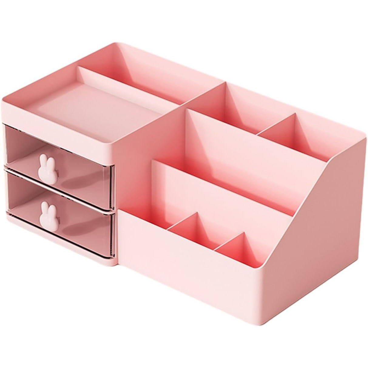 Cutie de Depozitare pentru Birou, Klevo, Pentru Makeup, Papetarie, Organizator Cosmetice, 2 Sertare si Compartimente Multiple, Model Iepuras, Plastic, 27.5x15.5x12 cm, Roz