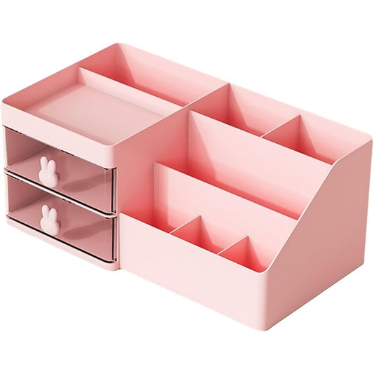 Cutie de Depozitare pentru Birou, Klevo, Pentru Makeup, Papetarie, Organizator Cosmetice, 2 Sertare si Compartimente Multiple, Model Iepuras, Plastic, 27.5x15.5x12 cm, Roz