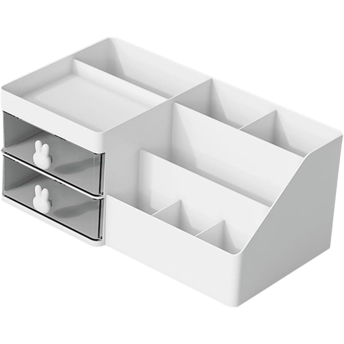 Cutie de Depozitare pentru Birou, Klevo, Pentru Makeup, Papetarie, Organizator Cosmetice, 2 Sertare si Compartimente Multiple, Model Iepuras, Plastic, 27.5x15.5x12 cm, Alb