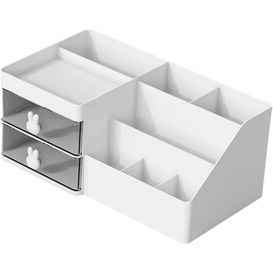 Cutie de Depozitare pentru Birou, Klevo, Pentru Makeup, Papetarie, Organizator Cosmetice, 2 Sertare si Compartimente Multiple, Model Iepuras, Plastic, 27.5x15.5x12 cm, Alb