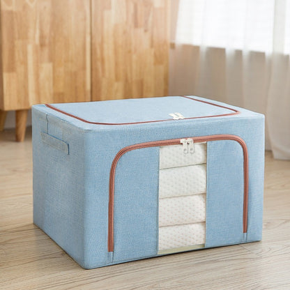 Cutie de Depozitare Pliabila, Klevo, 100 L, din Bumbac si In, 60x42x40 cm, 2 Ferestre, Frontala si Laterala, 2 Usi de Acces cu Fermoar Bidirectional, Cadru Metalic, Suport Baza Stabil din Plastic, Bleu