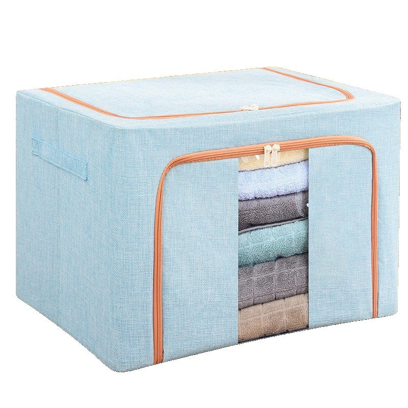 Cutie de Depozitare Pliabila, Klevo, 100 L, din Bumbac si In, 60x42x40 cm, 2 Ferestre, Frontala si Laterala, 2 Usi de Acces cu Fermoar Bidirectional, Cadru Metalic, Suport Baza Stabil din Plastic, Bleu