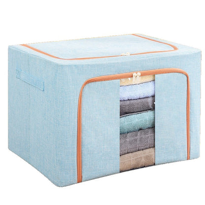 Cutie de Depozitare Pliabila, Klevo, 100 L, din Bumbac si In, 60x42x40 cm, 2 Ferestre, Frontala si Laterala, 2 Usi de Acces cu Fermoar Bidirectional, Cadru Metalic, Suport Baza Stabil din Plastic, Bleu