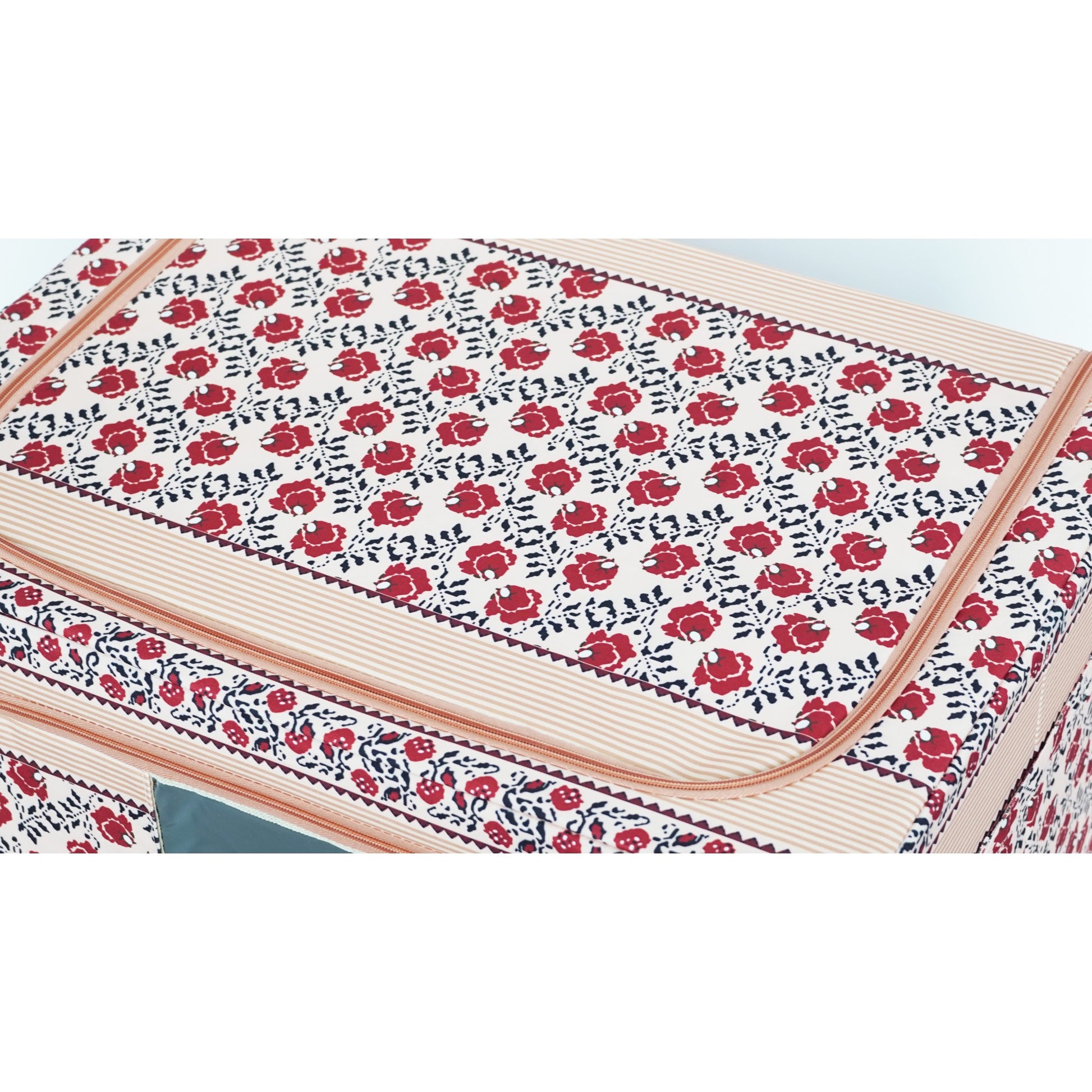Cutie de Depozitare Pliabila, Klevo,100 L din Bumbac si In, 60X42X40 cm, Fereastra Frontala, 2 Usi de Acces cu Fermoar Bidirectional, Cadru Metalic, Suport Baza Stabil din Plastic, Motiv Traditional Model 4