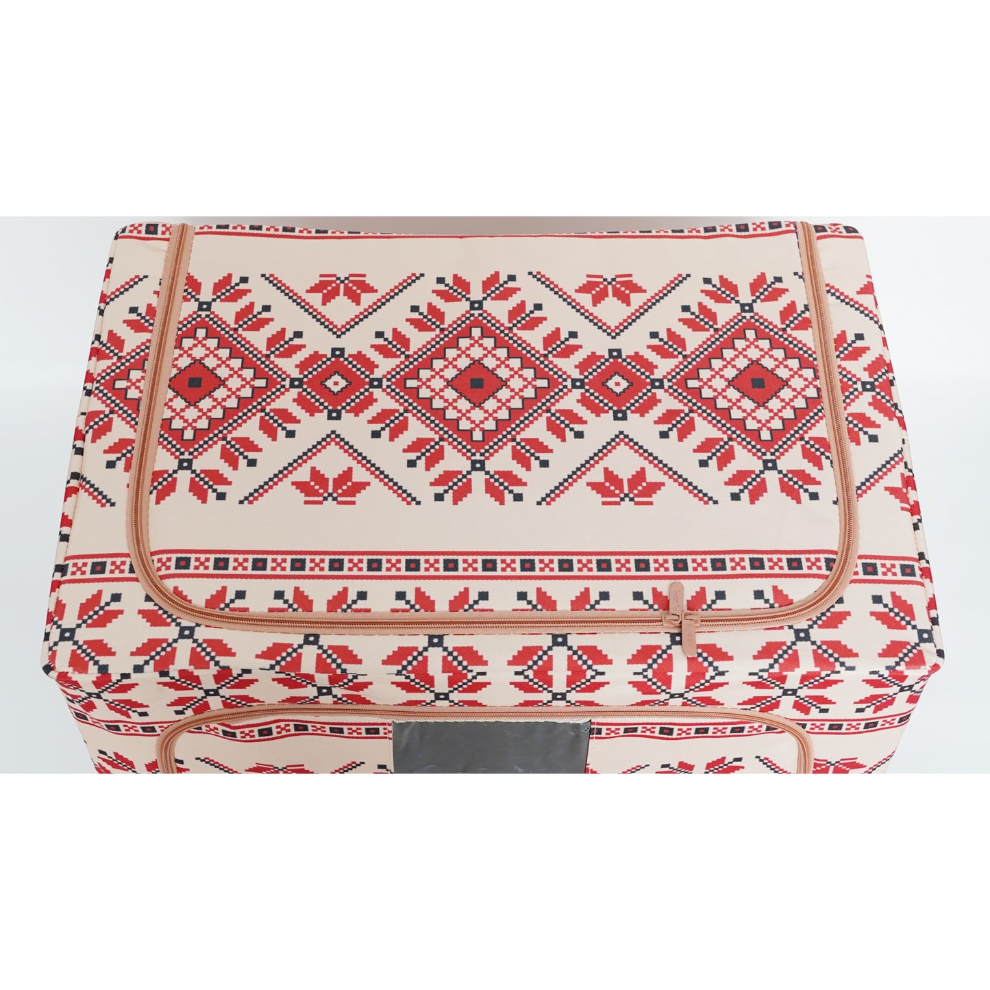 Cutie de Depozitare Pliabila, Klevo,100 L din Bumbac si In, 60X42X40 cm, Fereastra Frontala, 2 Usi de Acces cu Fermoar Bidirectional, Cadru Metalic, Suport Baza Stabil din Plastic, Motiv Traditional Model 2