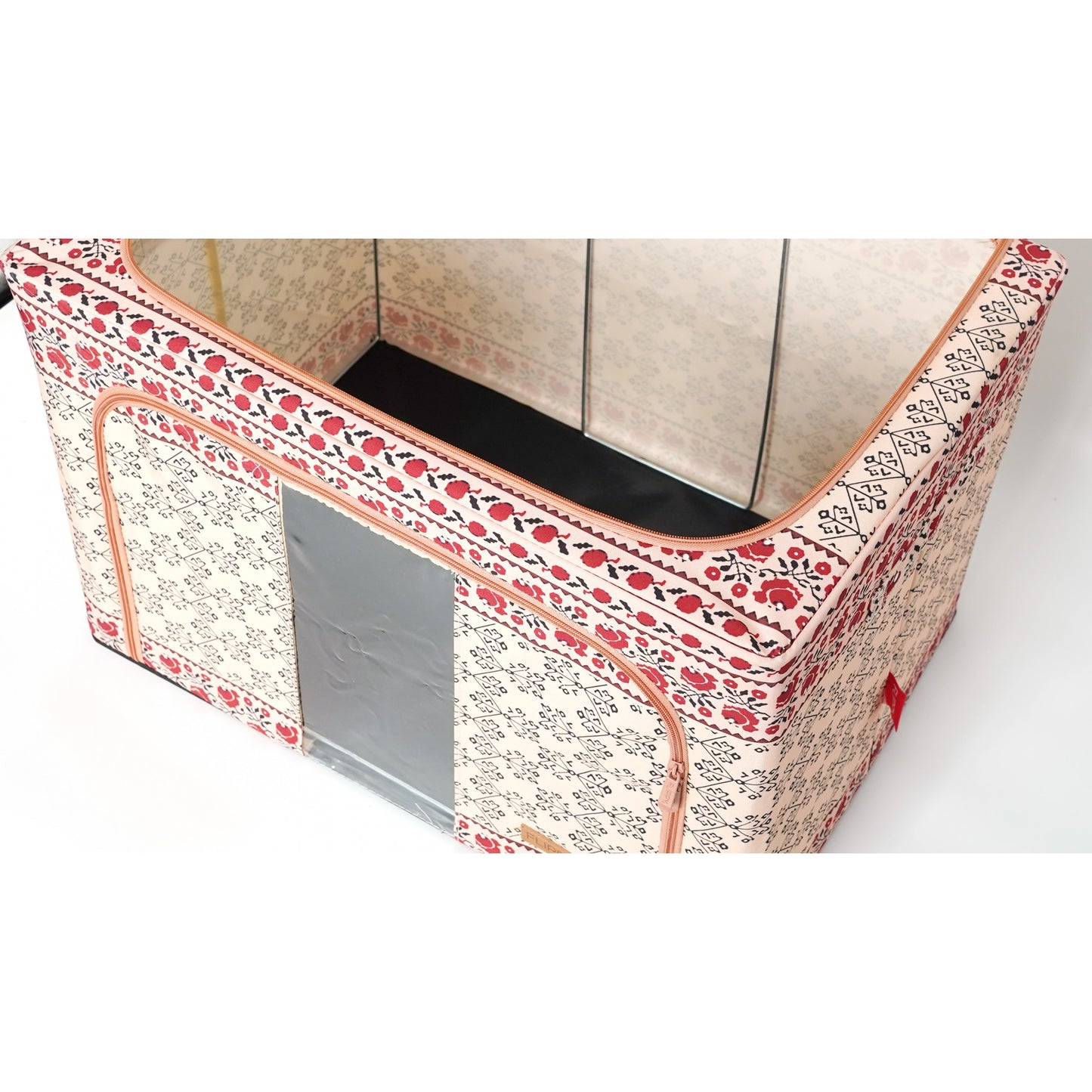 Cutie de Depozitare Pliabila, Klevo,100 L din Bumbac si In, 60X42X40 cm, Fereastra Frontala, 2 Usi de Acces cu Fermoar Bidirectional, Cadru Metalic, Suport Baza Stabil din Plastic, Motiv Traditional Model 3