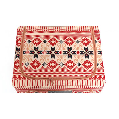 Cutie de Depozitare Pliabila, Klevo,100 L din Bumbac si In, 60X42X40 cm, Fereastra Frontala, 2 Usi de Acces cu Fermoar Bidirectional, Cadru Metalic, Suport Baza Stabil din Plastic, Motiv Traditional Model 1