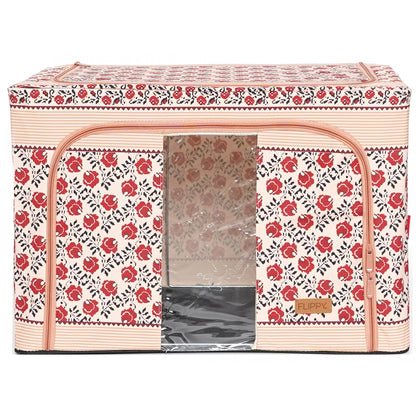 Cutie de Depozitare Pliabila, Klevo,100 L din Bumbac si In, 60X42X40 cm, Fereastra Frontala, 2 Usi de Acces cu Fermoar Bidirectional, Cadru Metalic, Suport Baza Stabil din Plastic, Motiv Traditional Model 4