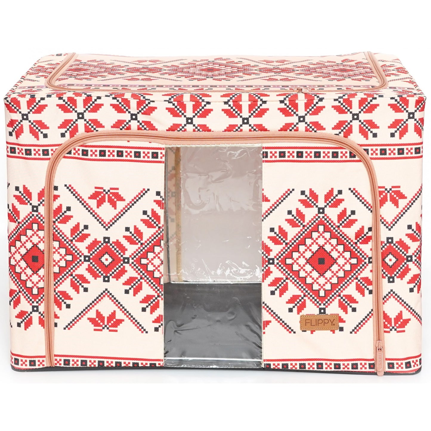 Cutie de Depozitare Pliabila, Klevo,100 L din Bumbac si In, 60X42X40 cm, Fereastra Frontala, 2 Usi de Acces cu Fermoar Bidirectional, Cadru Metalic, Suport Baza Stabil din Plastic, Motiv Traditional Model 2
