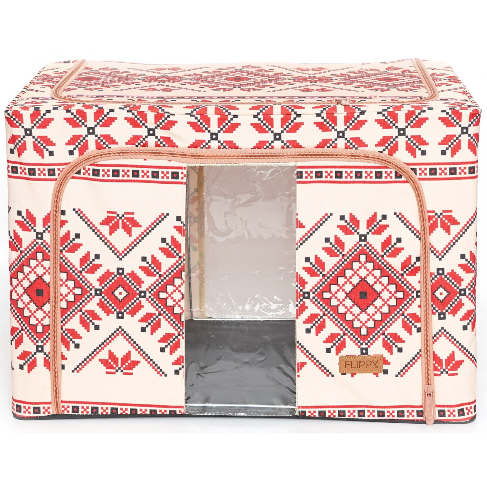 Cutie de Depozitare Pliabila, Klevo,100 L din Bumbac si In, 60X42X40 cm, Fereastra Frontala, 2 Usi de Acces cu Fermoar Bidirectional, Cadru Metalic, Suport Baza Stabil din Plastic, Motiv Traditional Model 2