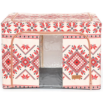 Cutie de Depozitare Pliabila, Klevo,100 L din Bumbac si In, 60X42X40 cm, Fereastra Frontala, 2 Usi de Acces cu Fermoar Bidirectional, Cadru Metalic, Suport Baza Stabil din Plastic, Motiv Traditional Model 2