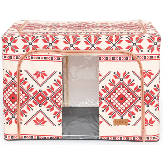 Cutie de Depozitare Pliabila, Klevo,100 L din Bumbac si In, 60X42X40 cm, Fereastra Frontala, 2 Usi de Acces cu Fermoar Bidirectional, Cadru Metalic, Suport Baza Stabil din Plastic, Motiv Traditional Model 2
