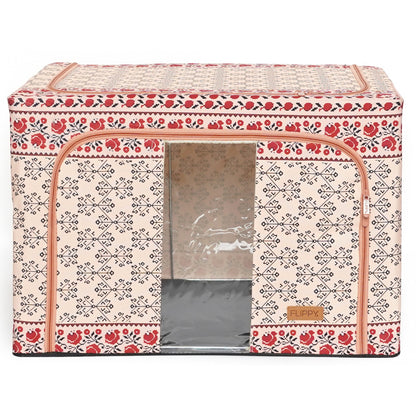 Cutie de Depozitare Pliabila, Klevo,100 L din Bumbac si In, 60X42X40 cm, Fereastra Frontala, 2 Usi de Acces cu Fermoar Bidirectional, Cadru Metalic, Suport Baza Stabil din Plastic, Motiv Traditional Model 3