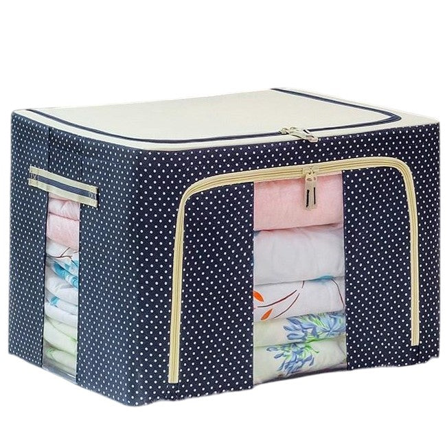Cutie de Depozitare Pliabila, Klevo, 24 L, Panza Oxford, 40x30x20 cm, Fereastra Frontala, 2 Usi de Acces cu Fermoar Bidirectional, Cadru Metalic, Suport Baza Stabil din Plastic, Imprimeu buline, Albastru Marin
