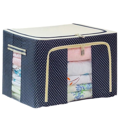 Cutie de Depozitare Pliabila, Klevo, 24 L, Panza Oxford, 40x30x20 cm, Fereastra Frontala, 2 Usi de Acces cu Fermoar Bidirectional, Cadru Metalic, Suport Baza Stabil din Plastic, Imprimeu buline, Albastru Marin