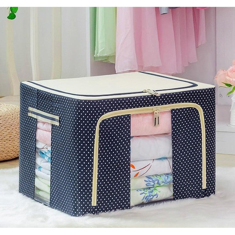 Cutie de Depozitare Pliabila, Klevo, 24 L, Panza Oxford, 40x30x20 cm, Fereastra Frontala, 2 Usi de Acces cu Fermoar Bidirectional, Cadru Metalic, Suport Baza Stabil din Plastic, Imprimeu buline, Albastru Marin