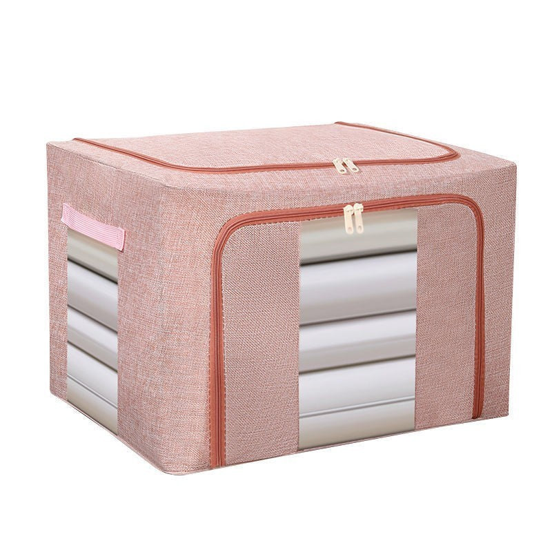 Cutie de Depozitare Pliabila, Klevo, 66 L, din Bumbac si In, 50x40x33 cm, 2 Ferestre, Frontala si Laterala, 2 Usi de Acces cu Fermoar Bidirectional, Cadru Metalic, Suport Baza Stabil din Plastic, Roz Pudrat