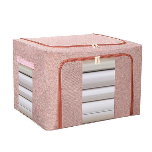 Cutie de Depozitare Pliabila, Klevo, 66 L, din Bumbac si In, 50x40x33 cm, 2 Ferestre, Frontala si Laterala, 2 Usi de Acces cu Fermoar Bidirectional, Cadru Metalic, Suport Baza Stabil din Plastic, Roz Pudrat