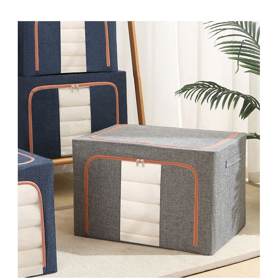 Cutie de Depozitare Pliabila, Klevo, 66 L, din Bumbac si In, 50x40x33 cm, Fereastra Frontala, 2 Usi de Acces cu Fermoar Bidirectional, Cadru Metalic, Suport Baza Stabil din Plastic, Gri