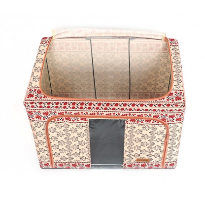 Cutie de Depozitare Pliabila, Klevo, 66 L din Bumbac si In, 52 x 42 x 39 cm, Fereastra Frontala, 2 Usi de Acces cu Fermoar Bidirectional, Cadru Metalic, Suport Baza Stabil din Plastic, Motiv Traditional Model 6