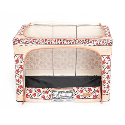 Cutie de Depozitare Pliabila, Klevo, 66 L din Bumbac si In, 52 x 42 x 39 cm, Fereastra Frontala, 2 Usi de Acces cu Fermoar Bidirectional, Cadru Metalic, Suport Baza Stabil din Plastic, Motiv Traditional Model 7