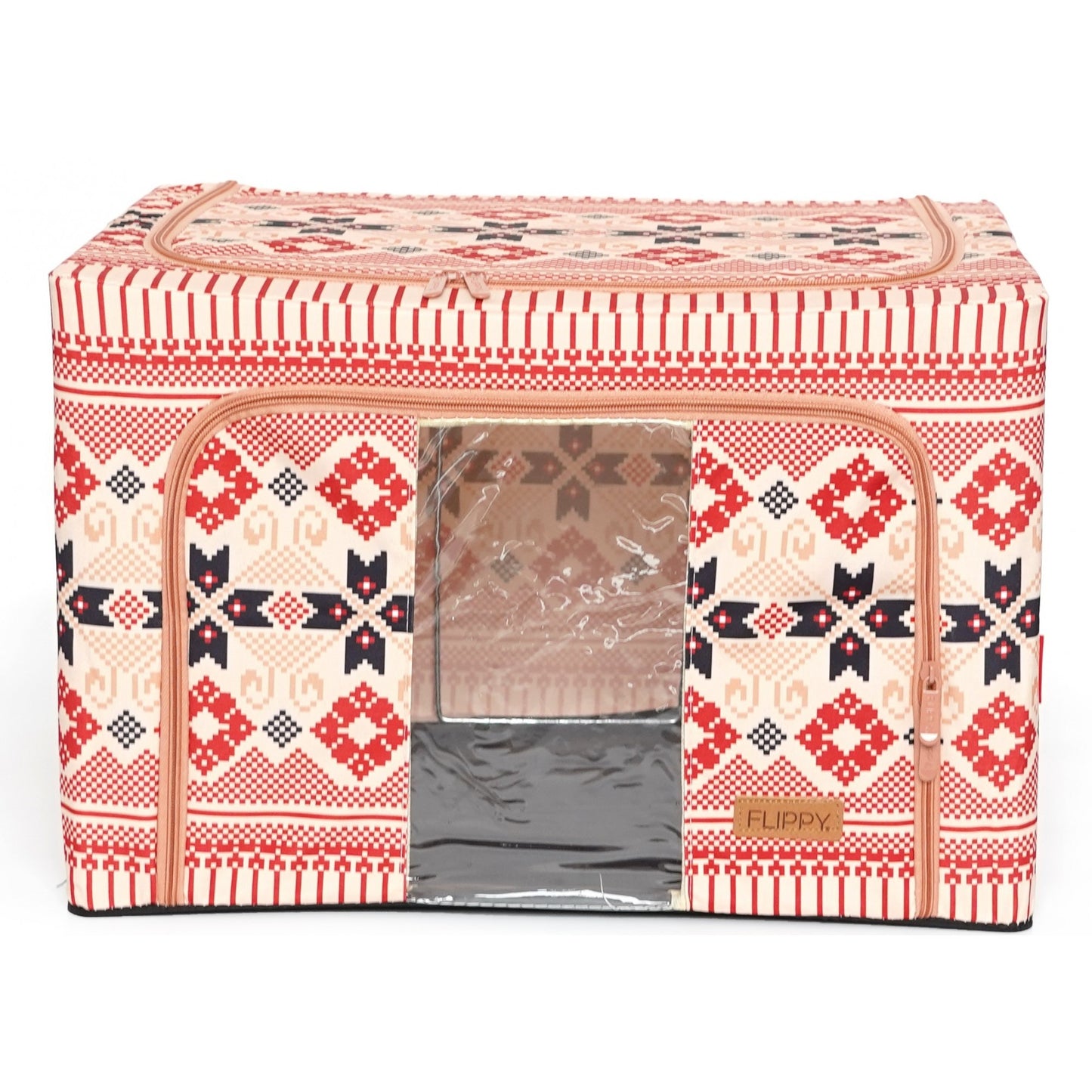 Cutie de Depozitare Pliabila, Klevo, 66 L din Bumbac si In, 52 x 42 x 39 cm, Fereastra Frontala, 2 Usi de Acces cu Fermoar Bidirectional, Cadru Metalic, Suport Baza Stabil din Plastic, Motiv Traditional Model 5