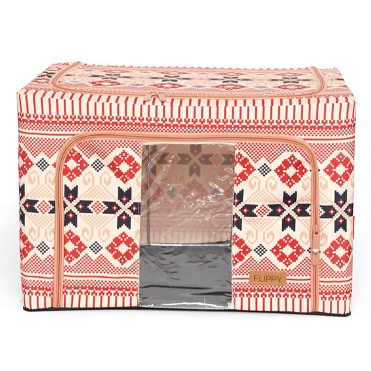 Cutie de Depozitare Pliabila, Klevo, 66 L din Bumbac si In, 52 x 42 x 39 cm, Fereastra Frontala, 2 Usi de Acces cu Fermoar Bidirectional, Cadru Metalic, Suport Baza Stabil din Plastic, Motiv Traditional Model 5