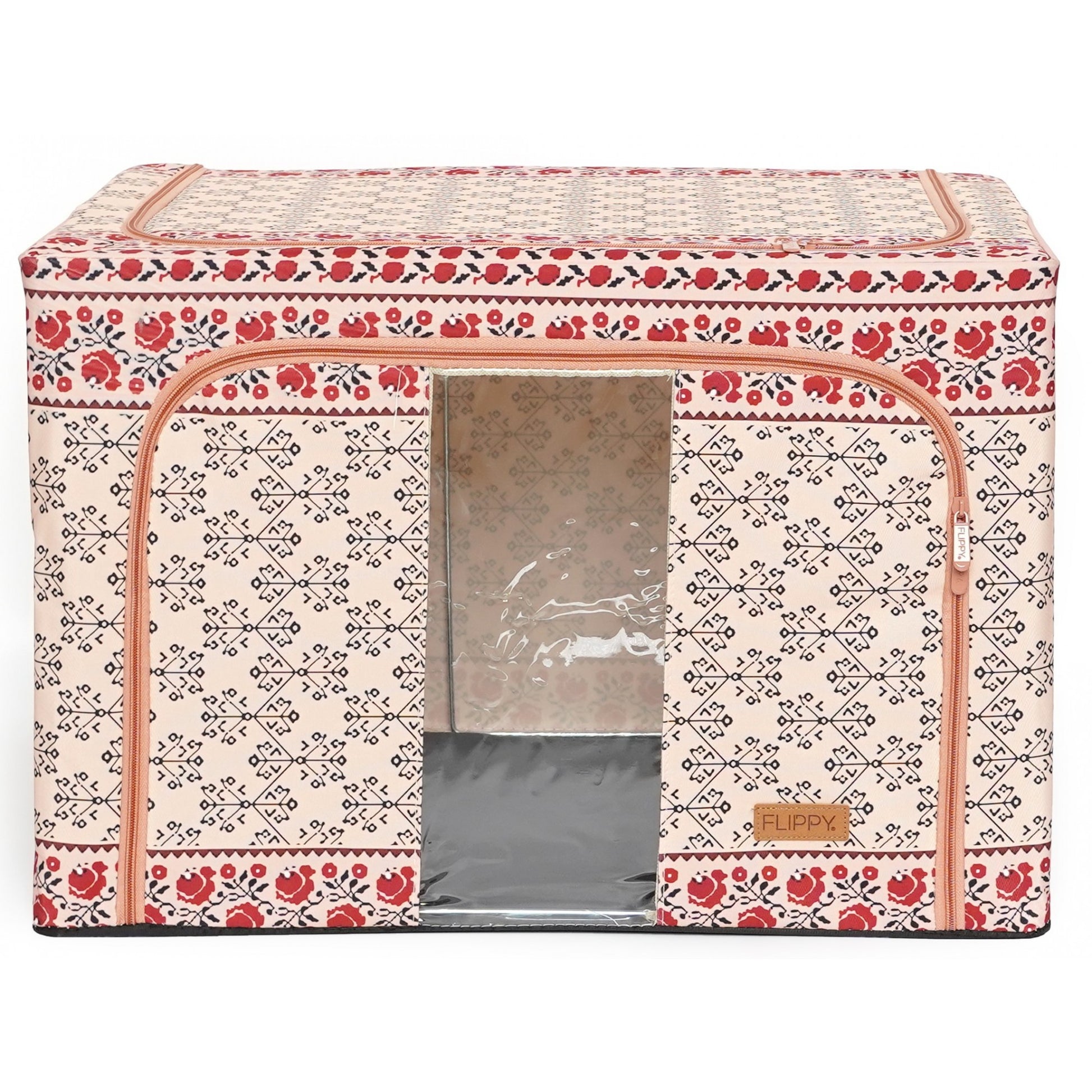 Cutie de Depozitare Pliabila, Klevo, 66 L din Bumbac si In, 52 x 42 x 39 cm, Fereastra Frontala, 2 Usi de Acces cu Fermoar Bidirectional, Cadru Metalic, Suport Baza Stabil din Plastic, Motiv Traditional Model 6