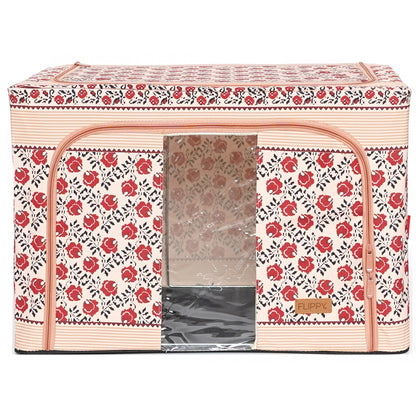 Cutie de Depozitare Pliabila, Klevo, 66 L din Bumbac si In, 52 x 42 x 39 cm, Fereastra Frontala, 2 Usi de Acces cu Fermoar Bidirectional, Cadru Metalic, Suport Baza Stabil din Plastic, Motiv Traditional Model 7