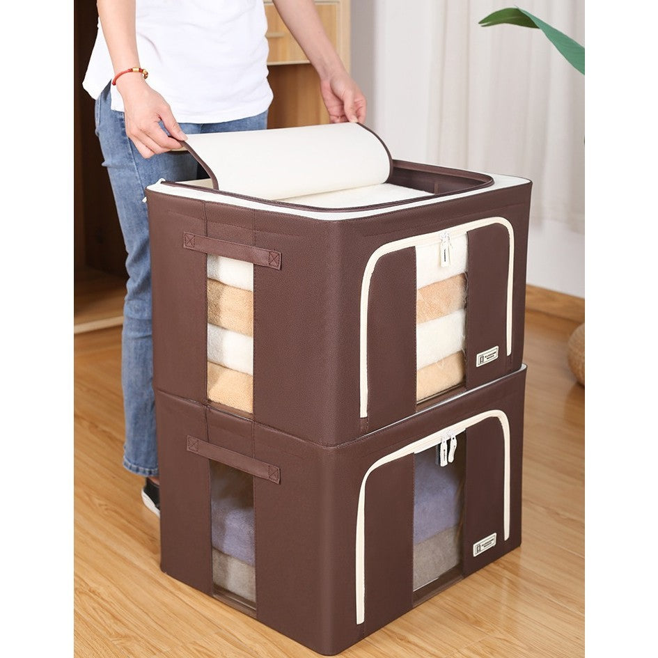 Cutie de Depozitare Pliabila, Klevo, Cu Fereastra si Fermoar Dublu, 66 L, Textil Premium, 50x40x33 cm, Cadru Metalic, Impermeabila, Maro