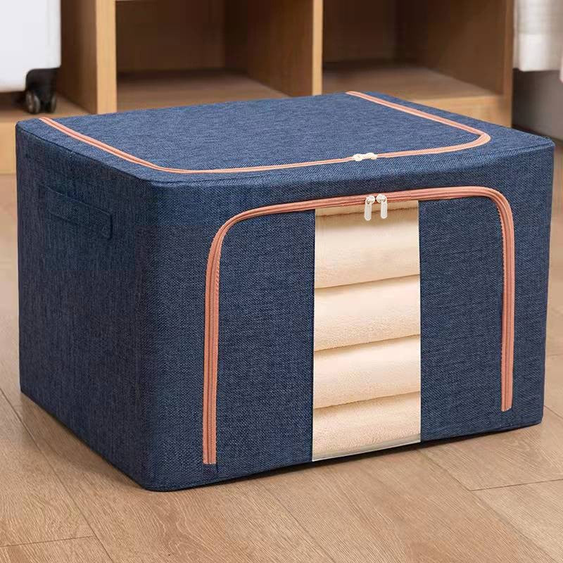 Cutie de depozitare pliabila, Klevo, Cu fermoar, 100 L, Textil, 60x42x40 cm, Cadru Metalic, Suport Baza Stabil din Plastic, Albastru Marin