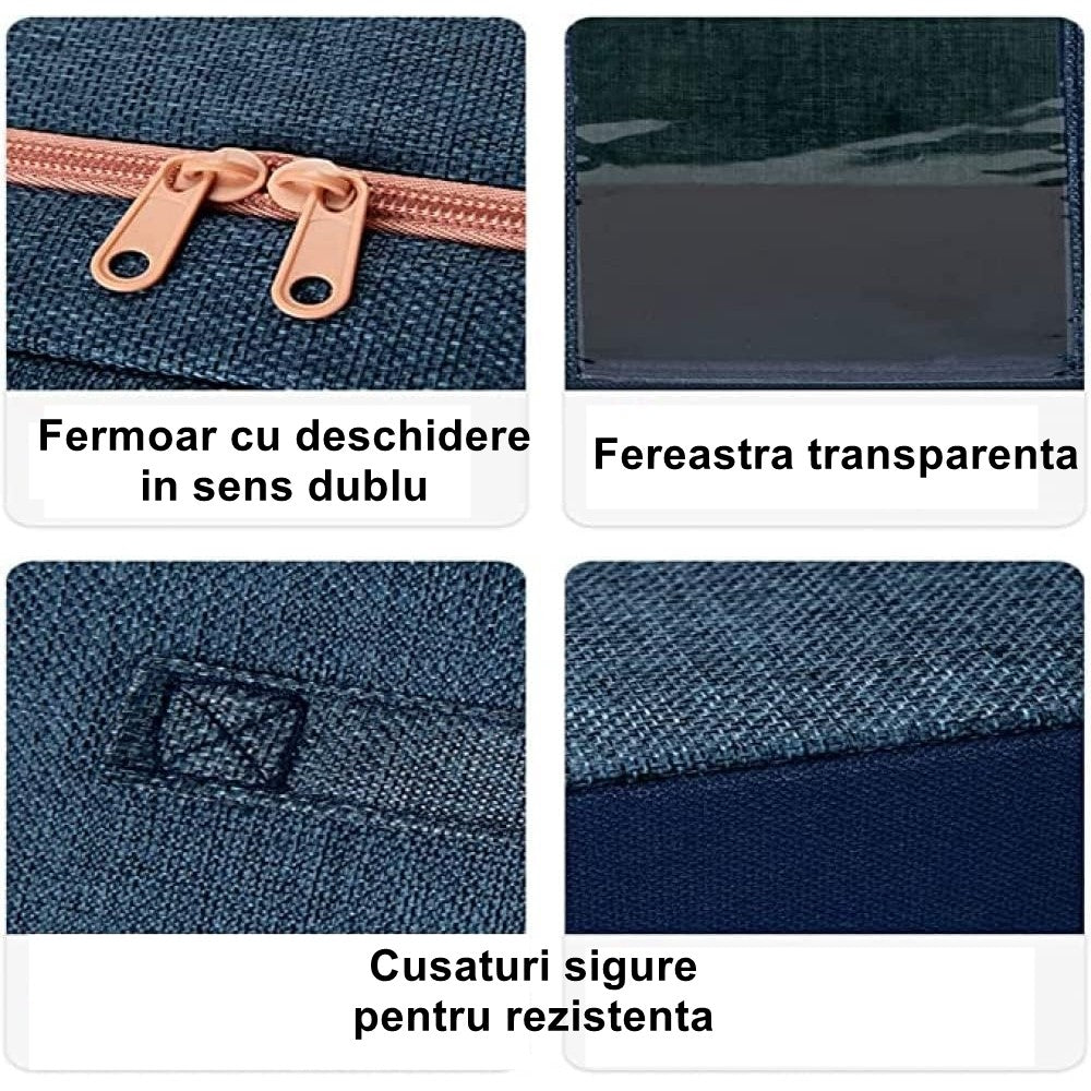 Cutie de Depozitare Pliabila, Klevo, Cu Fermoar, 100 L, Textil, 60x42x40 cm, Cadru Metalic, Suport Baza Stabil din Plastic, Albastru Marin cu Doua Ferestre