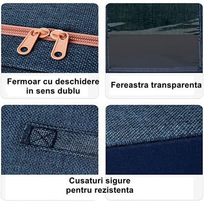 Cutie de Depozitare Pliabila, Klevo, Cu Fermoar, 100 L, Textil, 60x42x40 cm, Cadru Metalic, Suport Baza Stabil din Plastic, Albastru Marin cu Doua Ferestre