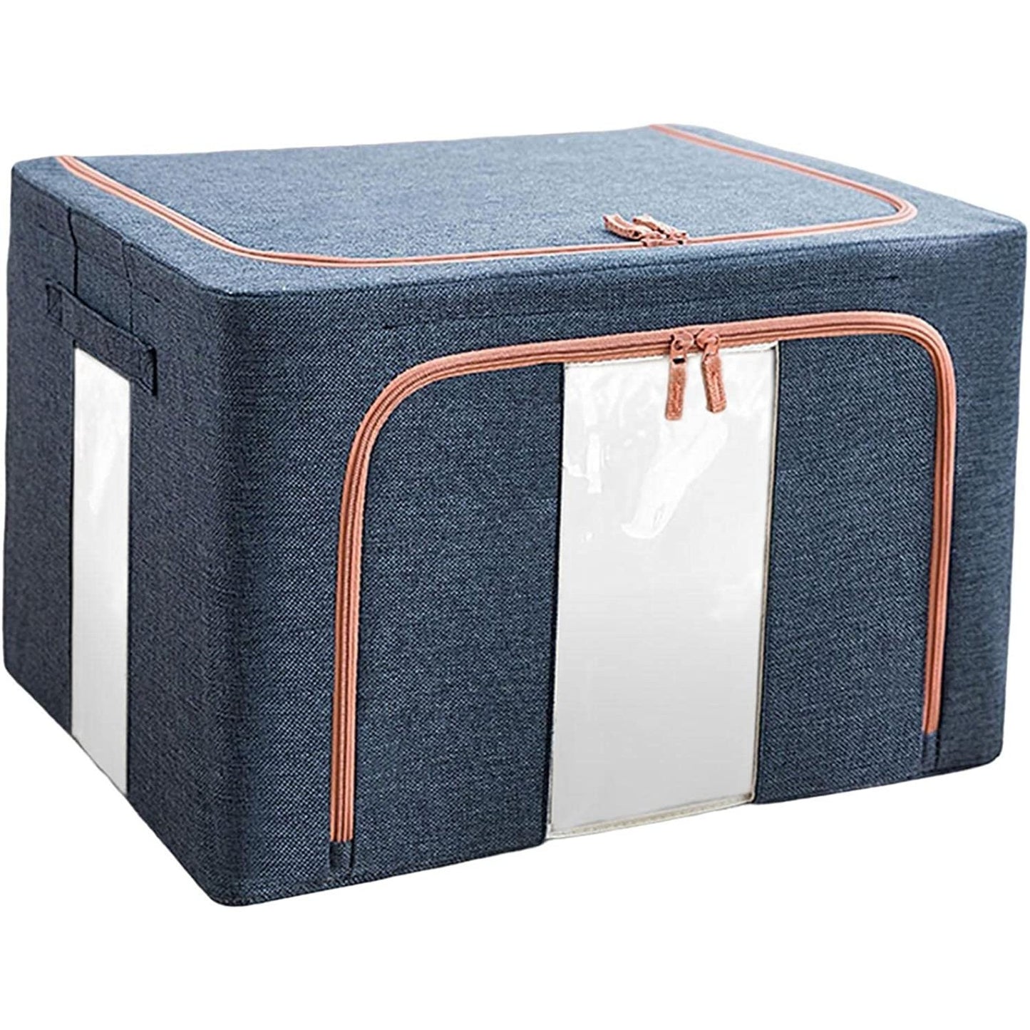 Cutie de Depozitare Pliabila, Klevo, Cu Fermoar, 100 L, Textil, 60x42x40 cm, Cadru Metalic, Suport Baza Stabil din Plastic, Albastru Marin cu Doua Ferestre