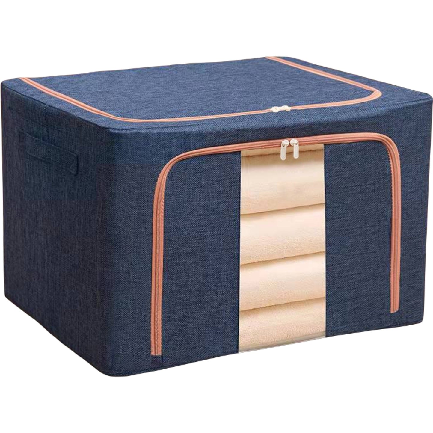 Cutie de depozitare pliabila, Klevo, Cu fermoar, 100 L, Textil, 60x42x40 cm, Cadru Metalic, Suport Baza Stabil din Plastic, Albastru Marin