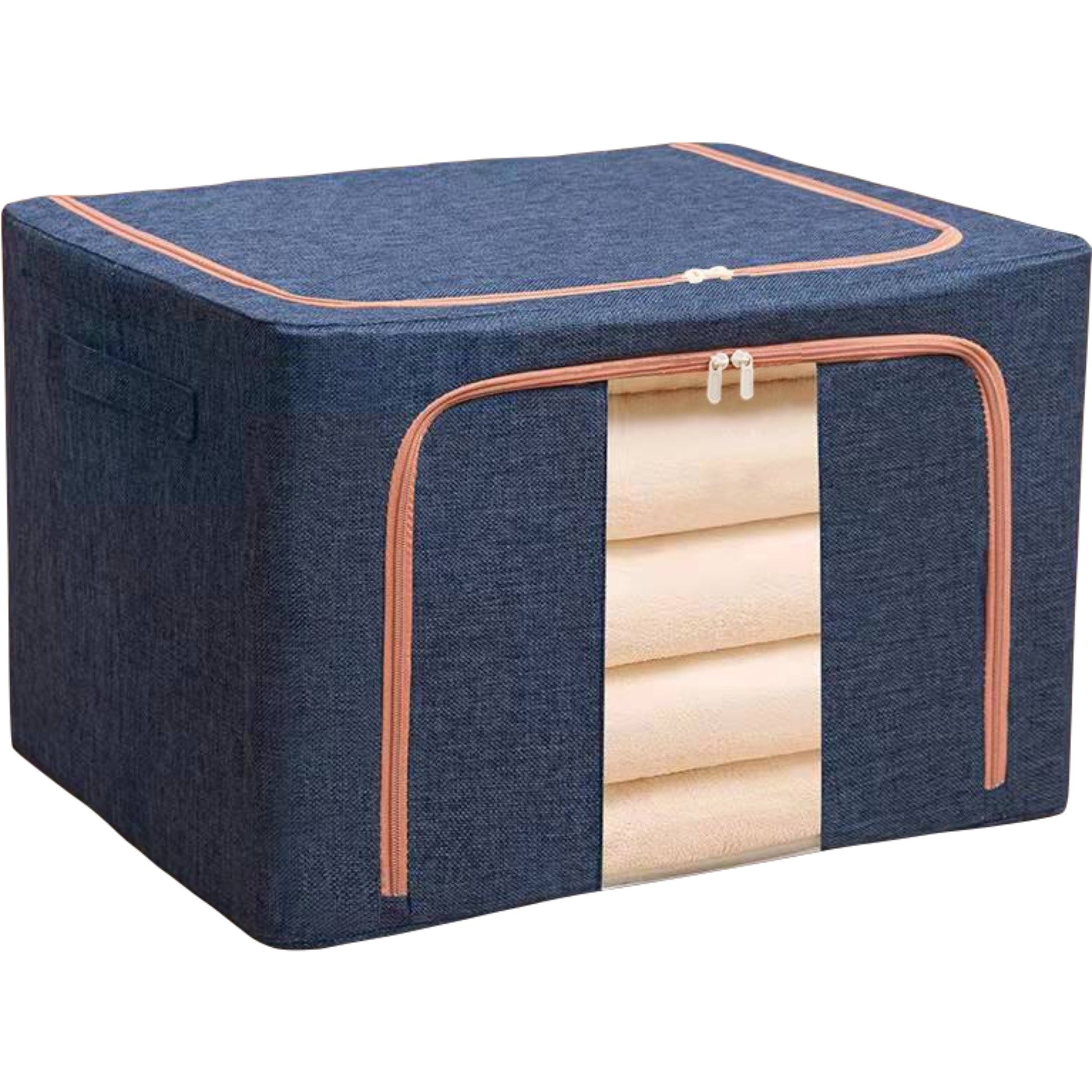 Cutie de depozitare pliabila, Klevo, Cu fermoar, 100 L, Textil, 60x42x40 cm, Cadru Metalic, Suport Baza Stabil din Plastic, Albastru Marin