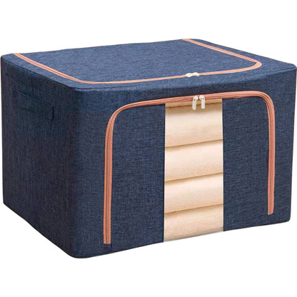 Cutie de depozitare pliabila, Klevo, Cu fermoar, 100 L, Textil, 60x42x40 cm, Cadru Metalic, Suport Baza Stabil din Plastic, Albastru Marin